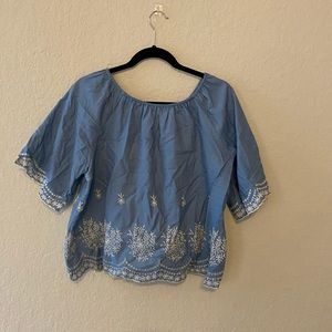 Off the shoulder dainty blue and white blouse